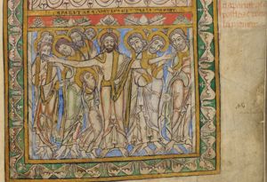 Thomas is standing beneath the right arm of Christ, which, like his left, is stretched sidewards and supported by one of the apostles; the other apostles make pointing gestures with their hands forward or in front of their chest; architectural setting.
