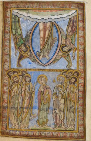 inside a mandorla Christ's legs are still visible; at either side of him a descending angel stretches his hands down, pointing aside at Christ with one hand; Mary and the apostles standing below, looking upwards; Mary is holding a book in her left and her right ahnd in front of her chest with the palm in front view; Peter, holding a key in his right, and a book in his left in front of his chest, with which he also points upwards; other apostles, some of them also holding a book make various gestures: holding a hand in front of their chest, pointing upwards, or raising a hand with the palm in front view; the one on the far left has a left hand on his right arm(!).