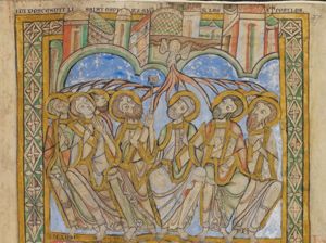 the Holy Ghost descends upon the apostles, who are looking up; Peter sits in the centre of the group, holds a key in his raised right hand and with his left arm holds a book in front of his chest, and makes a speaking gesture; the other apostles make various gestures: some hold a book, one is holding a closed scroll; some hold their hand in front of the chest, in a speaking gesture or with the palm in front view, and one has his hands crossed; architectural setting.