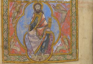 Christ, in mandorla, seated on a rainbow, his feet on a footstool, holding his right hand sidewards with the palm turned up in a gesture of blessing and holding a sealed book in his left hand, accompanied by the Tetramorph.