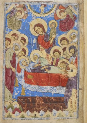 while the `Dextera Dei' and two descending angels with covered hands, appear in heaven above him, Christ holds Mary's soul - a swaddled child - in his arms, raised sidewards to his left; the apostles, around the bed, in various postures and actions: Peter, at the head of the bed, is swinging a censer in front of it; Paul bending his head forward, touches the legs of the Virgin, who lies with crossed hands; others hold a hand against the head, or a hand in front of the chest with the palm in front view; one of them bows over the Virgin, holding his left hand forward; a coffin in front of the bed.