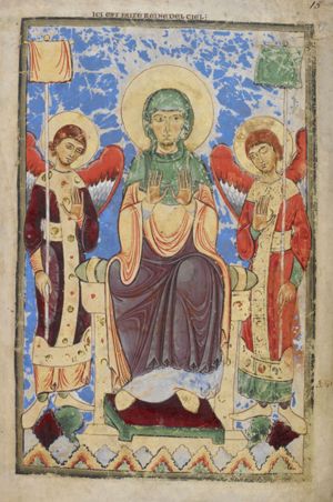 with her feet on a footstool and holding her hands, like an `orans', in front of her chest with the palms in front view, Mary is flanked by two angels holding a labarum, with a cloth draped over the top, in one hand and the other hand in front of the chest, with the palm in front view.