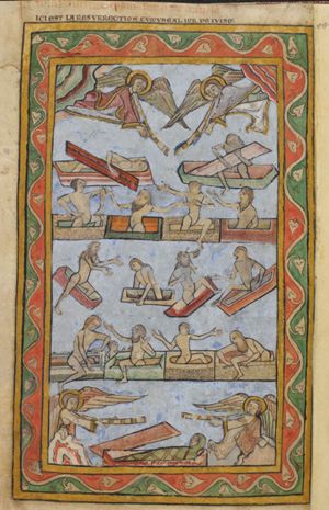 the dead arise: most of them climbing out of their tombs, naked; two are still busy pushing the tombstones away, one still lies, fully shrouded, in his sarcophagus; four angels sounding horns in the four corners.