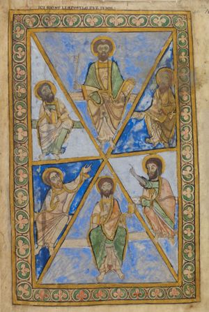 six apostles, in six triangular segments, with Peter holding his right hand sidewards with a key, and with a book in his left hand; four of the others point at him with their hand stretched forward or held in front of the chest; one holds a book, one a closed scroll and one is holding both.