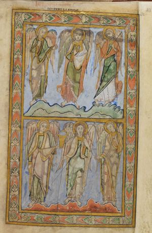 six angels, three in the upper, three in the lower register, five of them with instruments of the Passion: scourge, crown of thorns, pail for vinegar, lance, nails; three of them are also holding a banner, the sixth is holding nothing but a banner.