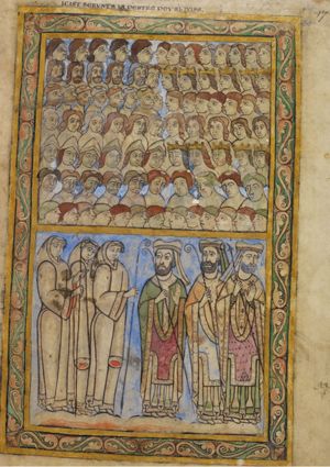 top register: seven horizontal rows of heads turned towards each other, i.e. the right half of a row to the left, the left half to the right; some are tonsured, some wear a crown or a cap; bottom: three abbots and three bishops, holding a staff; two of the bishops hold their left hand in front of their chest with the palm in front view.