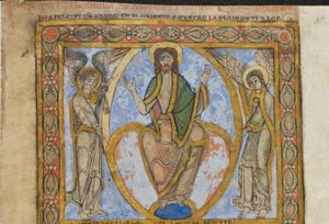 Christ, seated in a mandorla held by angels, with his hands sidewards with the palms in front view and his torso partially undraped.