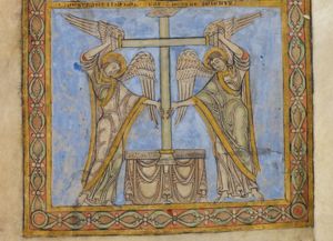 two angels holding a cross in front of an altar.