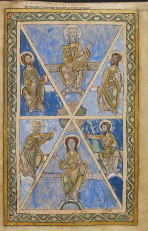 six apostles, in six triangular segments, all but one with a book, making various gestures: hand sidewards with palm in front view, hand forward in an upward pointing gesture, hand in front of the chest in a gesture of speech(?), or both hands in front of the body in a speaking gesture, the left directed to the right, the right directed to the left.