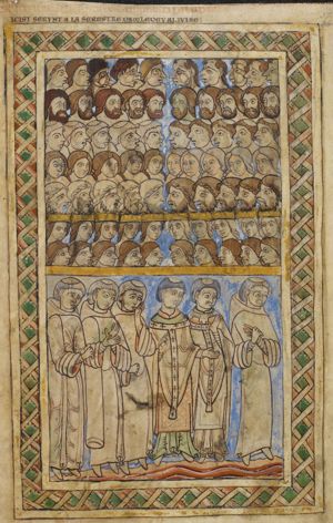 in two registers: top: seven rows of heads turned towards each other: the right half of a row turned to the left, the left half to the right; one row of heads with tonsure, one row with crowns; below: four monks and two archbishops, making various gestures: hand against the head; wringing hands; hand forward with the palm in front view; hand in front of the chest with the palm in front view.
