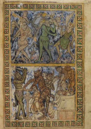 devils in phantasy shape torturing souls, in two registers: top: devil carrying on his shoulders a woman, who is wringing her hands, which are tied together by a key; a second soul is maltreated by three devils: the one carrying him on his shoulders is pricking him with a boat-hook, while a second one, in the shape of a dragon, is biting him and a third is seizing his hand; bottom: a devils is cutting off someone's hand, while another one is holding his arm on an anvil, to which also his leg is chained; devils boiling souls in a cauldron, one of which is tonsured and another one is crowned.