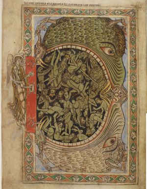 an angel, holding a door-knocker in his left and a putting a key in the lock with his right, is closing the door of hell, of which the entrance is represented by two monstrous mouths; inside hell, devils are punishing the damned souls, by beating, pricking etc.