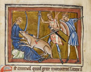 Unicornis (a unicorn), its head in a woman's lap, is stabbed with a sword and a spear by hunters