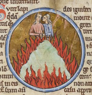 Lapides igniferi - Fire-stones: a man and a woman embracing over a fire