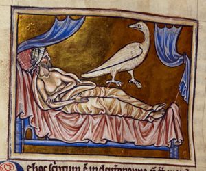 Caladrius, a fabulous bird, predicts the coming death of a sick man by turning its head aside