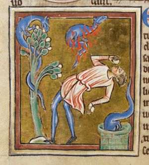 Salamander in flames; a man falling backward