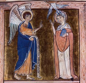 Mary, standing to the right with a book in her left hand, raising her right with the palm in front view, is visited by Gabriel, holding an inscribed scroll in his left and making a speaking gesture with his right hand forward; the Holy Ghost, as a dove, descends upon Mary.