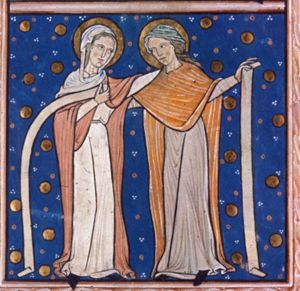 Mary and Elisabeth, both with a scroll, putting an arm around one another's shoulder.