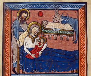 Mary reclining in bed, with the suckling Christ-child in her arms; Joseph stands behind her bed, stretching his hand down, shaking up her pillow; behind them: the ox and ass at the empty manger which rests on columns; the Star of Bethlehem above the scene.