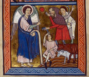 a standing angel with a scroll in his left hand, makes a speaking gesture with his right hand forward, to three shepherds, who make various gestures: the foremost sits with his hand bent over his head as if to protect his eyes; the second one, leaning with his left hand forward on a shepherd's crook, holds his right hand next to his head with the palm in front view; the third, also with a shepherd's crook, raises his right arm, pointing upward to his left; the Star of Bethlehem in the centre above the scene; a ram and a cow.