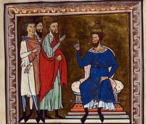 king Herod, sitting with his left hand on his knee, makes a speaking gesture with his right hand forward, to the Magi on his right; the foremost of them stretches his right hand forward; one of the two others stands behind him with averted body, but, turning his head back to his left, makes a speaking gesture with his right hand in front of his chest.