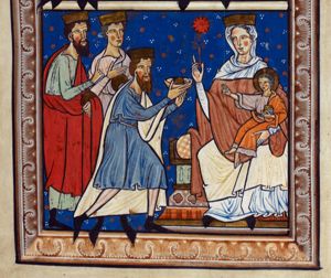the Wise Men present their gifts to the Christ-child, who sits on the left knee of Mary - enthroned and holding a flower in her right hand - with a book in his left hand and making a blessing gesture to the Magi on his right, with his right hand stretched forward; the foremost of them offers a bowl with both hand stretched forward; another holds his right hand in front of his chest and a precious vessel in his covered left; the third one stretches his right hand forward in a gesture of speech, holding a vessel in his covered left.