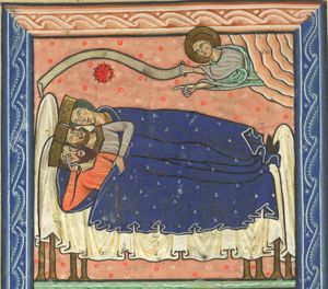 the three Wise Men lying together in one bed: one with one eye open, the other two asleep, one of which rests his head in his hand; they are warned in a dream by a flying angel, appearing from a cloud with a scroll in his left hand and stretching his right hand forward in a gesture of speech; the Star of Bethlehem.