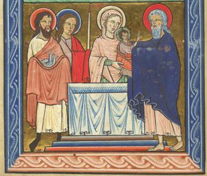 Mary, standing behind the altar, presents the Christ-child, who makes a  blessing gesture with his right hand forward, over the altar to Simeon, standing barefoot in front of it and reaching for the child with covered hands stretched forward; Joseph, with doves in his covered hands, and Anna, holding a candle in her covered hands, follow Mary.
