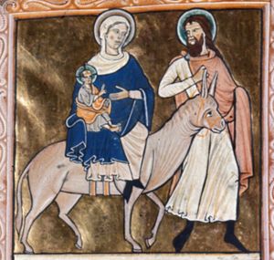 Joseph, with one hand covered, leads the ass, looking back to his right at Mary and the child; Mary rides on the ass, supporting the child with her covered right arm while holding her left hand in front of her chest; Christ is sitting on her knee, holding a closed scroll in his left and making a blessing gesture with his right hand forward.