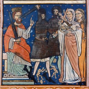 king Herod looks at the massacre, sitting at the left - in three quarter view - with his legs crossed; he holds a sword in his right hand and makes a commanding gesture with the left(!) forward; a soldier tears a child away from the mother by its shoulder with his left, raising the sword in his right hand; another woman touches her arm from behind; a second soldier pierces a boy with his sword.