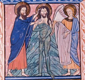 John the Baptist stands at Christ's right, touching his head and shoulder; Christ is seen in front view, making a blessing gesture with his right hand in front of his chest; an angel holds his clothes; fishes in the river.