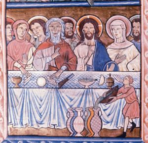 Christ, seen frontally, making a speaking gesture with his right hand in front of his chest and holding his left arm sidewards with the palm in front view, and Mary with her right hand in front of her chest, are seated behind a table; to their right: the bridegroom, who makes a speaking gesture with his right hand in front of his chest, while touching a bread-roll(?) on the table with his left; and the bride, who also touches a bread-roll(?), while holding her other hand in front of her with the palm in front view; four apostles behind this group, two of which bend their hand to their head; a man pours water out of a large bowl into one of six jars standing in front of the table.