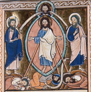 in a mandorla: Christ, with his hands stretched sidewards with the palms in front view, and the Father, represented as a head with two scrolls fixed to it; to Christ's right: Moses - with horns and the Tables of the Law in his covered left hand; to Christ's left: Elijah, with averted body, a covered left hand and his right hand in front of his chest, looking back to the right; rays of light go down from Christ to Peter, James and John who all lie face down; Peter turns up his head to his right and holds a scroll; James has covered his hands.