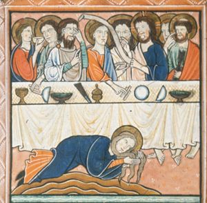 Christ, holding a scroll in his left, makes a speaking gesture to his right with his right hand forward, to Simon the Pharisee, who makes a speaking gesture with his right hand in front of his chest and points at his forehead with his left middle finger; a woman lies face downwards in front of the table, wiping Christ's foot with her hair; the apostles make various gestures: two are touching rolls of bread(?), two are holding drinking cups; Peter points at his face, holding a key in his left hand.