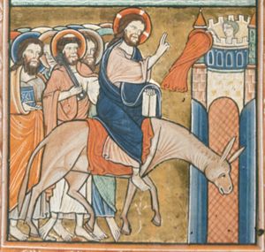 a man in a tower throws down his clothes in front of Christ, who rides on the ass, from left to right, making a blessing gesture with his right hand forward, holding a open book with his left hand; the apostles follow him, one of them holding a book; Peter holds a key.