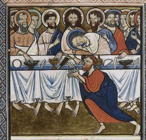 Christ, seated(?) behind a rectangular table, in between the apostles, puts a piece of bread into the mouth of Judas Iscariot, who is falling to his knees - alone in front of the table - with his arms stretched forward, palm towards each other, thereby revealing Judas as the betrayer - a small devil is entering Judas' mouth with the bread - ; John leans against Christ's chest, resting his head in his left hand; the apostles make various gestures: Paul(?) touches a fish with his right hand forward; Peter, tonsured, touches a bowl with his left hand and makes a speaking gesture with his right hand in front of his chest, like some of the others; one is holding a piece of bread; rolls of bread(?) on the table.