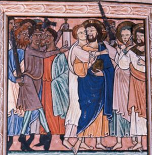 accompanied by dark-faced soldiers with torches, lanterns and weapons, Judas kisses Christ, while standing behind him and putting his right hand on Christ's left shoulder: Christ turns his head back to his right, making a blessing gesture with his right hand in front of his chest, holding a book in his left; Peter cuts off the ear of Malchus, while making a speaking gesture with his left hand in front of his chest; Malchus also makes a gesture of speech with his right hand forward; a dark-faced crowd.