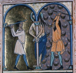 two men flog Christ, tied to a column with bare torso, while standing behind it, but with his crossed hands tied together in front of it; Christ's body is covered with wounds inflicted by the scourging.