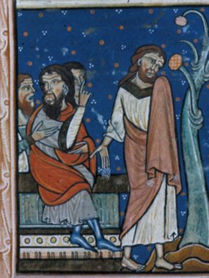 Judas, walking away from the Sanhedrin, holds his right hand down, dropping the money behind him, and raises his covered left hand; members of the Sanhedrin make gestures of speech with their hand forward; one of them turns his head to his right.