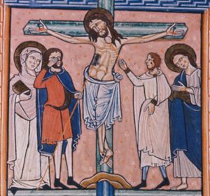 Longinus rubbing his eye with his right hand; Christ is nailed to the cross with three nails and with his legs crossed; Mary holding a book in her right hand and John holding his left hand forward, are standing under the cross.