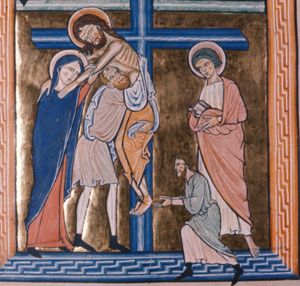 Nicodemus and Joseph of Arimathea take down Christ from the cross; one of them pulls the nail from Christ foot with a pair of tongs; the other one supports the body of Christ, sinking to its right side, putting both arms, covered with a cloth, around it; both of Christ's arms, stretched forward, rest on Mary's shoulders, while she holds his left arm with both hands raised; John with a book in his covered hands.