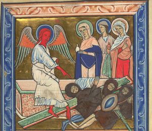 the angel, pointing down at the empty tomb with his right hand forward, addresses the holy women, carrying ointment-jars; the foremost of them with a covered hand; one of the others holds her right hand in front of her chest with the index finger upwards; the shroud is lying in the sarcophagus; three sleeping soldiers in front of the tomb.