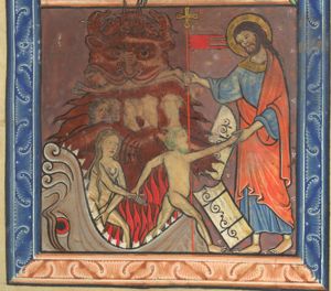 Christ, holding a cross with banner in his right hand, liberates persons from hell, represented as a monster holding people in his claws and one man, stretching his arms forward, in its mouth; hell's entrance is a monstrous mouth; among the liberated are Adam and Eve, who hold each other's hand; a broken door in front of Christ.