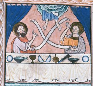 Cleopas and Peter, both holding a scroll, look upwards at Christ, vanishing into heaven: only his feet remain visible; the disciples both are raising their other hand, one pointing upwards, the other with the palm in front view; curtains.