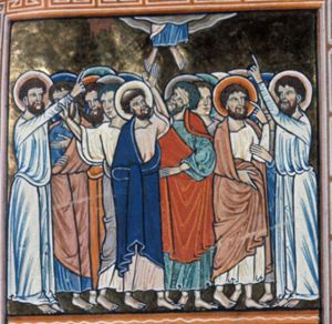 Christ is almost vanished: only his feet are visible in a cloud; the apostles make various gestures: Peter, raises his left hand with the palm in front view; another apostle bends his left hand to his head, pointing at his eyes; two men in white clothes, flanking the group of apostles, raise a hand, pointing upwards; an apostle supports the arm of one of them.