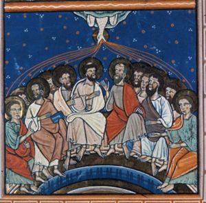 the Holy Ghost descends from a cloud upon the apostles, who make various gestures: some make a gesture of speech with a hand stretched forward or in front of the chest, some are holding a closed scroll or a book; Peter and Paul are seated at the centre of the group: Peter, holds his right hand in front of his chest, Paul raises his right with the palm in front view.