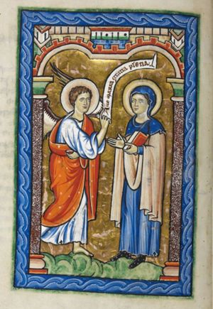 Mary, standing to the right, holding a book in her left hand and her right hand forward with the palm in front view, is visited by Gabriel who holds an inscribed scroll in the right hand with which he also makes a speaking gesture.