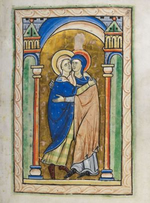 Mary and Elisabeth, both pregnant, embracing; architectural setting.