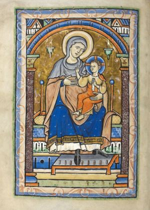 Mary enthroned with the feet on a footstool; the Christ-child sitting on her knee, holding a closed scroll and making a blessing gesture with the right hand forward; architectural setting; oil-lamps.