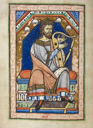 David as psalmist, playing the harp, seated with his feet on a footstool; architectural setting; bells.